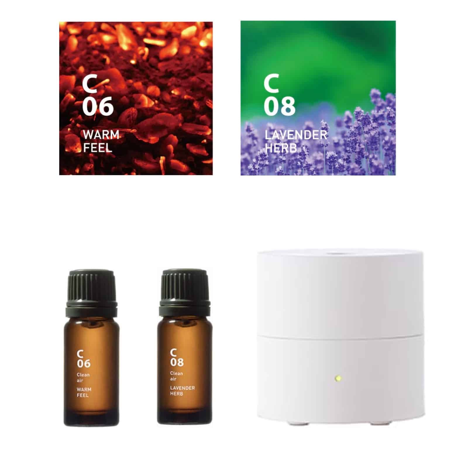 De Fan Diffuser ''kō'' Bundel bevat een fan diffuser ko en etherische olien C06 WARM FEEL en C08 Lavender Herb